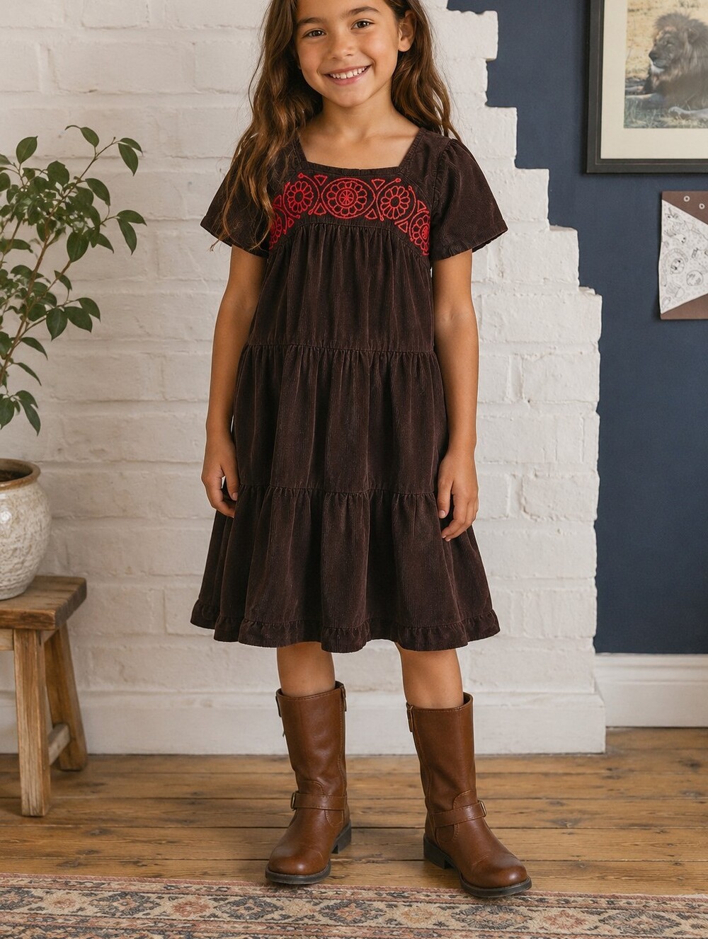 Mini Boden Brown Corduroy Embroidered Dress Size 7-8